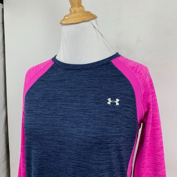 Under Armour Shirt Women L Large Navy Pink ColdGear Fitted Thumbhole Crew Raglan - Picture 3 of 14